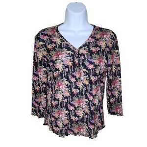 Vintage 90s Stretch Shirt Top Womens Size XS Black Floral Base Layer